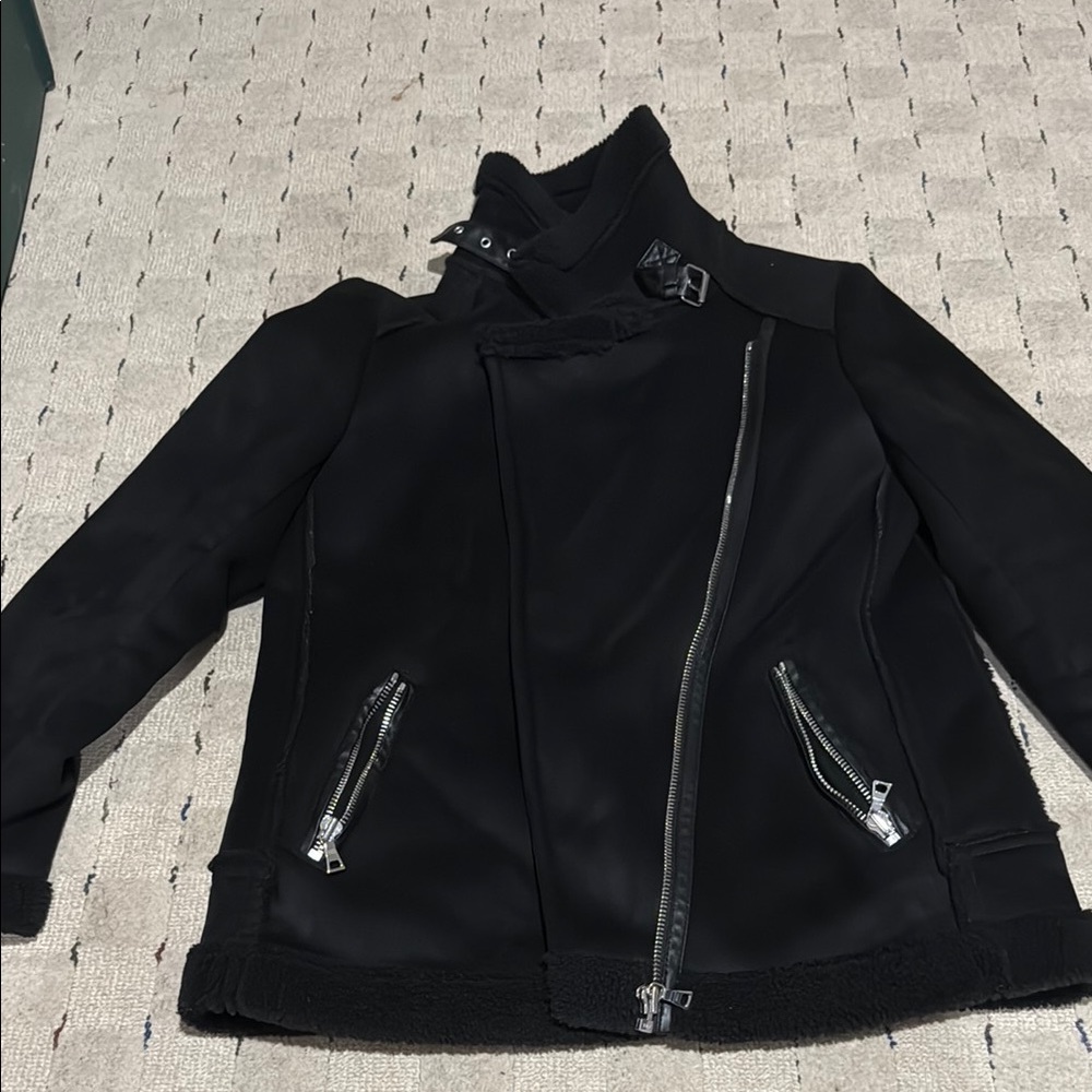 Ann Taylor Black faux fur motorcycle jacket with zippers and buckles size M